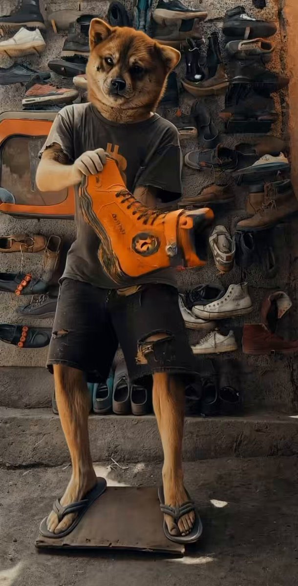 The image features a mannequin dressed in black shorts, holding an orange shoe up to his face as if posing for a photo. The caption of the image reads "$DOG fashion trend inspired by Kalu Putik". This suggests that the mannequin is designed to mimic the style and appearance of a dog, possibly as part of a fashion trend or promotional campaign.