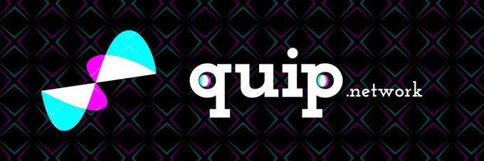 Banner logo for 'quip.network' featuring a stylized cyan and magenta pinwheel icon on a dark geometric pattern background.
