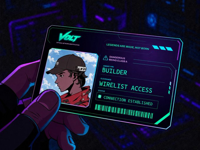 A gloved hand holds up a glowing cyberpunk-style digital ID card from "VOLT Official Network Authentication" displaying a profile of a character in a red jacket and black cap, labeled "BUILDER" with "WIRELIST ACCESS" and "CONNECTION ESTABLISHED" status—celebrating @theweb3proxy's new membership in the Wirelist network.