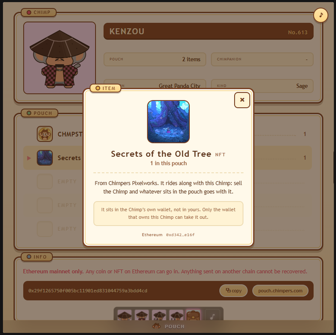 A screenshot from the Chimp NFT marketplace shows a character named KENZOU (No. 613) from Great Panda City, with a pop-up displaying an item called 'Secrets of the Old Tree NFT' from Chimpers Pixelworks.