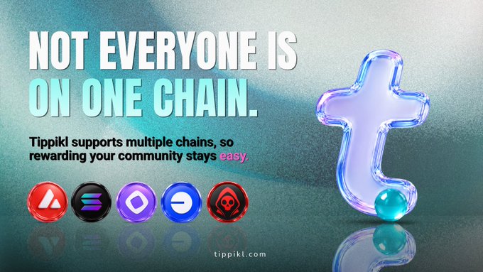 A promotional graphic for Tippikl featuring a glossy translucent "t" logo and the tagline "NOT EVERYONE IS ON ONE CHAIN," highlighting multi-chain support across AVAX, SOL, Base, and other networks. The image reinforces the post's call-to-action by visually showcasing the diverse blockchain options users can choose from when rewarding their community.