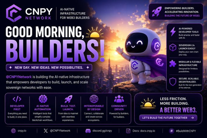 A vibrant purple promotional graphic for CNPY Network, an AI-native infrastructure for Web3 builders, featuring a friendly robot mascot waving from a cliff at sunrise with the greeting 'GOOD MORNING, BUILDERS!'