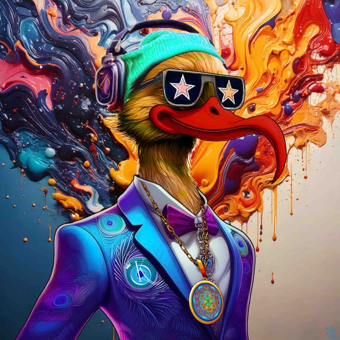A colorful, stylized digital painting depicts an anthropomorphic duck or bird character wearing star-shaped sunglasses, a teal beanie, headphones, and a purple suit with jewelry.