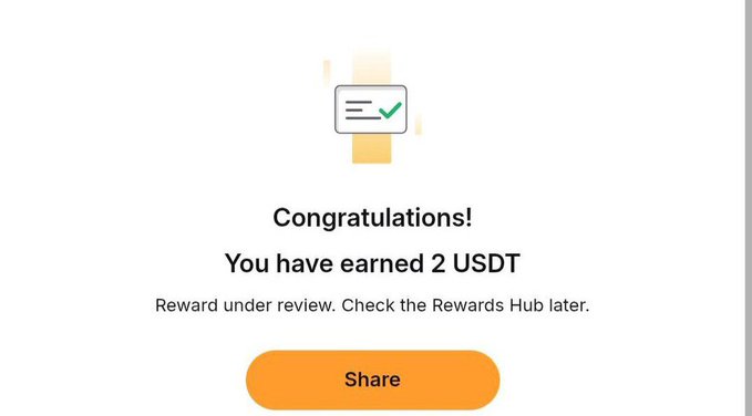 A confirmation screen showing "Congratulations! You have earned 2 USDT" with a note that the reward is under review and a "Share" button, illustrating the $2 payout users can claim by completing the Bybit AI quiz as described in the guide.