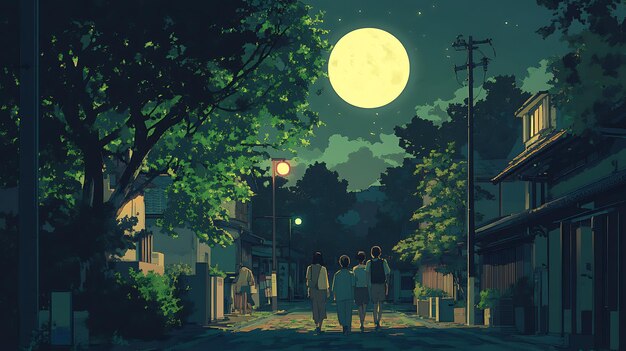 The image features a group of people walking down a street at night, with a full moon visible above them. The scene takes place in an urban setting, possibly a residential area or a small town. There are three main individuals in the picture - two men and one woman. They appear to be enjoying their walk under the moonlit sky.

The image also includes several potted plants scattered throughout the scene, adding greenery and enhancing the atmosphere of the night-time setting. The overall composition of the image is balanced and visually appealing, with a focus on the people walking down the street and the beautiful nighttime sky above them.