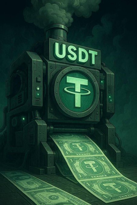 The image shows a dark, industrial money-printing machine labeled "USDT" with the Tether logo, emitting smoke while dispensing a stream of green Tether-branded dollar bills. It visually represents the post's news about Tether's massive $3 billion USDT minting followed by a $2 billion burn, symbolizing the rapid token creation and destruction cycle.