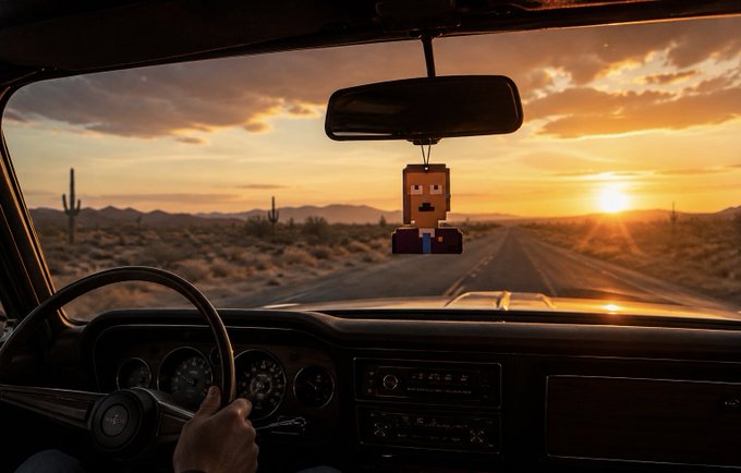A view from inside a car looking out at a desert sunset, with a Minecraft-style block character hanging from the rearview mirror.