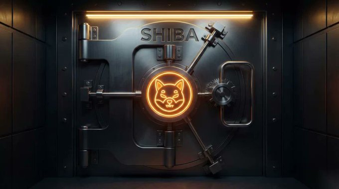 A massive metallic vault door with the word "SHIBA" at the top and a glowing orange Shiba Inu logo at its center stands securely closed, symbolizing locked value. The image visually reinforces the message of record token burns for Shiba Inu ($SHIB), contrasting the safeguarding of supply against the cryptocurrency's slide to multi-month lows near $0.0000044.