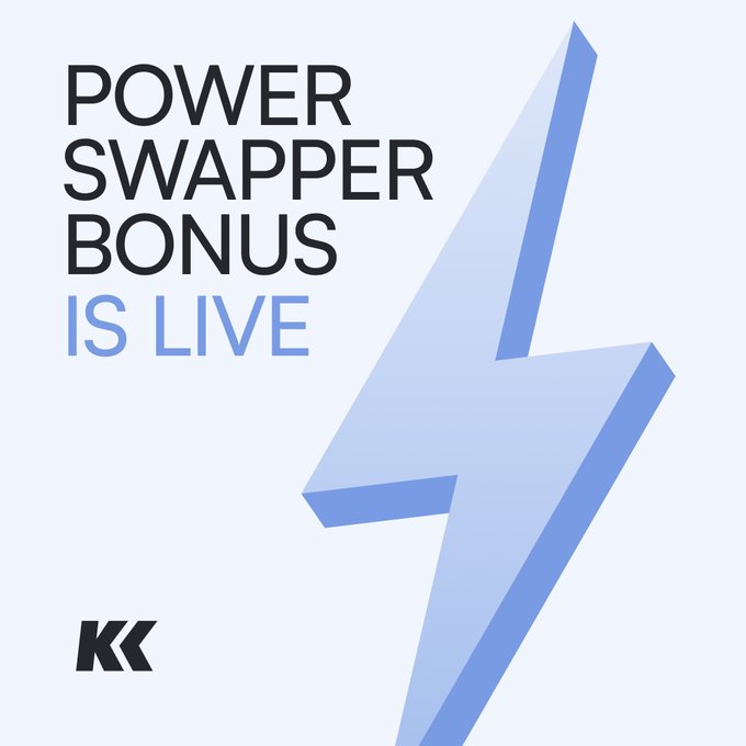 Promotional graphic reading 'POWER SWAPPER BONUS IS LIVE' with a blue lightning bolt and 'KK' logo.