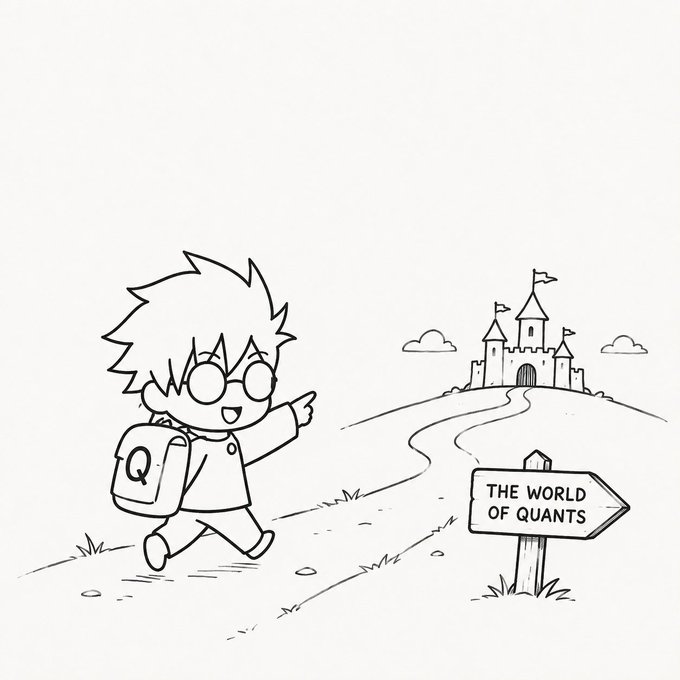 A cartoon character with a backpack labeled "Q" points towards a sign that reads "THE WORLD OF QUANTS" and a distant castle, representing a journey into advanced financial analysis. This image complements the post's exploration of AI's evolving role in crypto, specifically mentioning @tryquantio and the concept of AI as a research and monitoring agent.