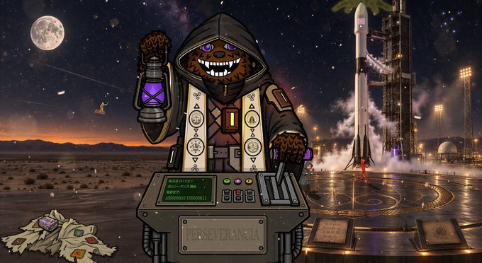 A hooded bear figure labeled "PROSEVERANCIA" operates a control console displaying "XRP US" data while holding a vial, with a rocket poised for launch on a pad to the right and a red hand reaching up toward it. The image symbolizes the XRP community's anticipation of imminent regulatory clarity and a breakthrough, mirroring the post's belief that a major crypto milestone is near as the SEC vote approaches.