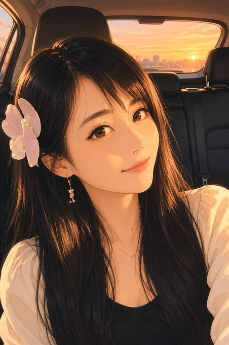 An anime-style illustration of a young woman with long dark hair and a pink flower hair accessory taking a selfie inside a car during a sunset, with a city skyline visible in the background.