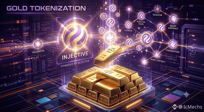 Promotional graphic for Gold Tokenization powered by Injective, featuring gold bars, INJ token logos, and network nodes labeled Validator, Smart Contract, and Tokenization.