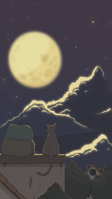 An illustrated nighttime scene shows two figures sitting on a rooftop beneath a large glowing full moon and jagged mountain silhouettes, with a cat perched beside them gazing at the sky.