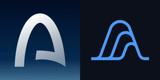 The image shows two stylized "A" logos side by side, likely representing a rebrand or visual evolution of the Arc project's branding, with a bold white "A" on a dark blue background on the left and a sleeker outlined blue "A" on black on the right. This relates to the post discussing Arc's strong $220M fundraising and top-tier institutional backing, while questioning whether the previously popular "Da Mao" (likely a meme or symbol) branding has been replaced.