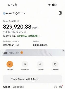 Mobile app screenshot showing a cryptocurrency portfolio with total assets of 829,920.38 USD including 13.25414773 BTC, with today's P&L of +3,189.52 (+0.38%), featuring Deposit, Withdraw, Transfer, and Convert options.