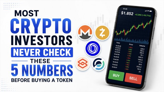 A YouTube-style thumbnail with the text "MOST CRYPTO INVESTORS NEVER CHECK THESE 5 NUMBERS BEFORE BUYING A TOKEN," featuring cryptocurrency logos and a smartphone displaying a trading chart and buy/sell buttons.