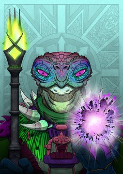 A digital illustration of a reptilian creature with purple and green scales holding a glowing staff and magical orb, wearing a spiked collar.