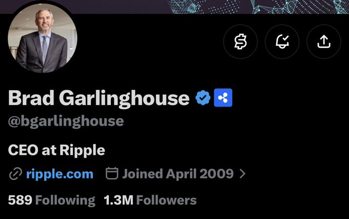 The image shows Brad Garlinghouse's (@bgarlinghouse) Twitter/X profile header, where he is listed as CEO at Ripple with 1.3M followers. The post highlights that despite his massive following, he maintains exactly 589 accounts he follows—a number the image confirms—underscoring the unusual detail the poster is pointing out.