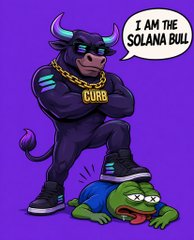 A cartoon illustration of a muscular bull wearing sunglasses and a gold chain that reads 'CURB', standing over a fallen character with a speech bubble saying 'I AM THE SOLANA BULL'.