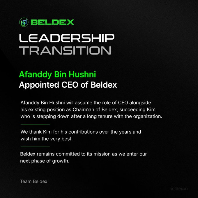 Beldex announcement titled 'LEADERSHIP TRANSITION' stating Afandy Bin Hushni has been appointed CEO of Beldex, succeeding Kim, with a note from Team Beldex.