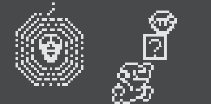 A pixel art composition on a dark blue background featuring a spiral-patterned skull-like face on the left and a hanging, chained creature with a question mark box on the right.