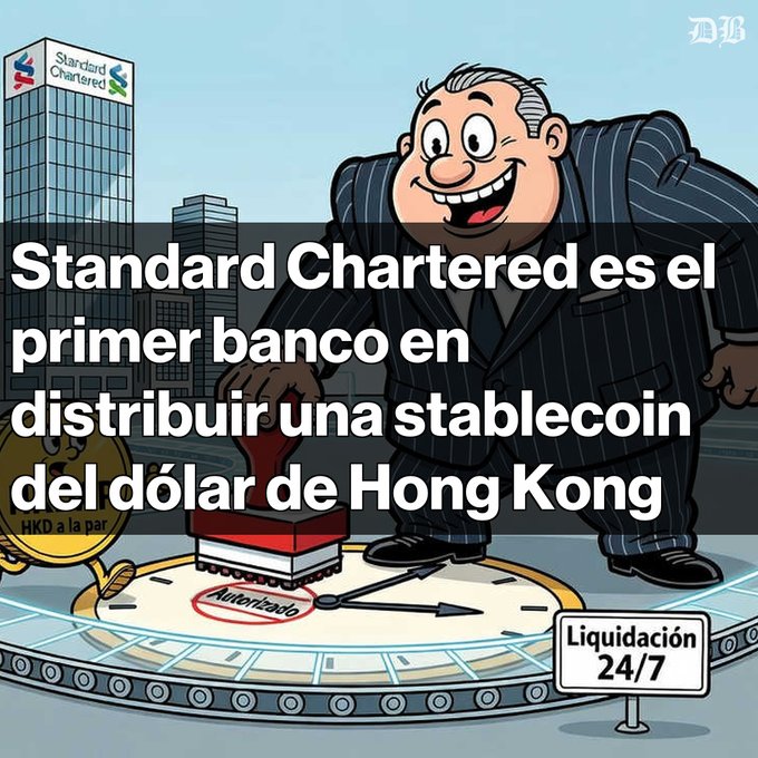 A Spanish-language cartoon from a newspaper showing a banker stamping "Autorizado" with text reading "Standard Chartered es el primer banco en distribuir una stablecoin del dólar de Hong Kong."