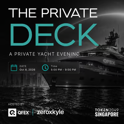 Promotional graphic for "THE PRIVATE DECK – A PRIVATE YACHT EVENING" hosted by QFEX and zeroxkyle, featuring a luxury superyacht and event details: Oct 8, 2026, from 5:00 PM – 9:00 PM during Token2049 Singapore. The sleek black-and-teal design reflects the exclusive, high-end networking vibe of the trader- and founder-focused yacht party described in the post.