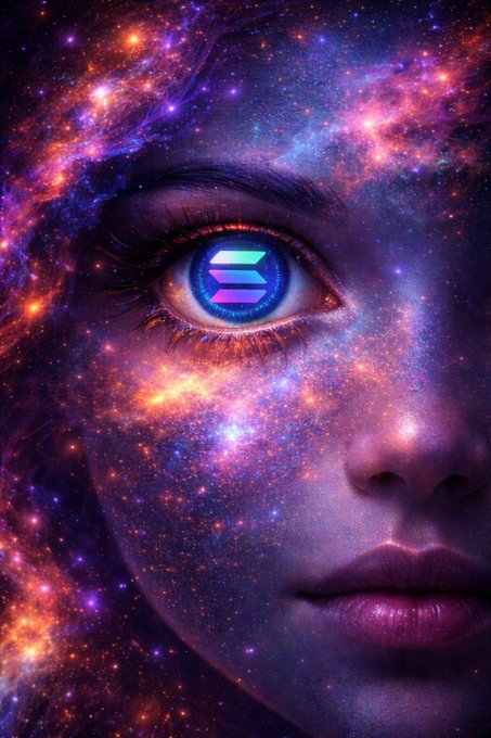 The image features a close-up of a woman's face with her eyes open, looking directly at the camera. The background of the photo is filled with stars and planets, creating an otherworldly atmosphere. The caption above the image reads "Through a developer’s eyes, Solana looks like more than another blockchain. It looks like a fast foundation for the next Web3 world." This suggests that the woman's face is being used as a visual representation of the concept of Solana, which is a cryptocurrency and blockchain project. The stars and planets in the background further emphasize this connection between the digital world and the physical one.