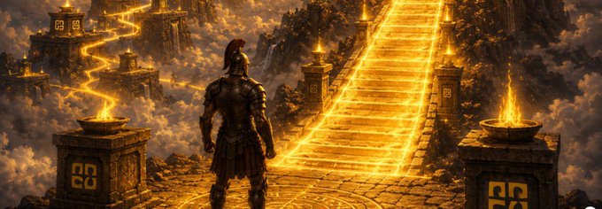A fantasy scene of an armored warrior looking up at a glowing golden staircase ascending into the clouds, surrounded by flaming braziers.