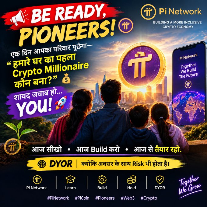 A promotional graphic for Pi Network with the headline 'BE READY, PIONEERS!' featuring a family overlooking a cityscape, a Pi coin, and a smartphone, with Hindi text and hashtags like #PiNetwork and #PiCoin.