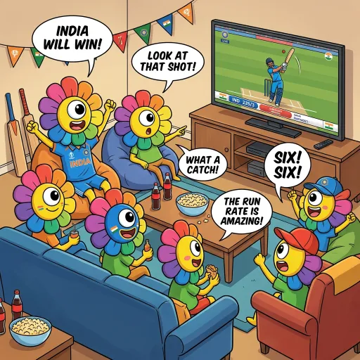 A cartoon illustration depicts flower-headed characters watching a cricket match on TV, with speech bubbles saying 'INDIA WILL WIN!', 'LOOK AT THAT SHOT!', 'WHAT A CATCH!', 'THE RUN RATE IS AMAZING!', and 'SIX! SIX!'.