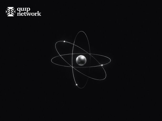 The QURP NETWORK logo featuring a geometric icon next to white text in the upper left, with a silver atom-like sphere design centered on a black background.