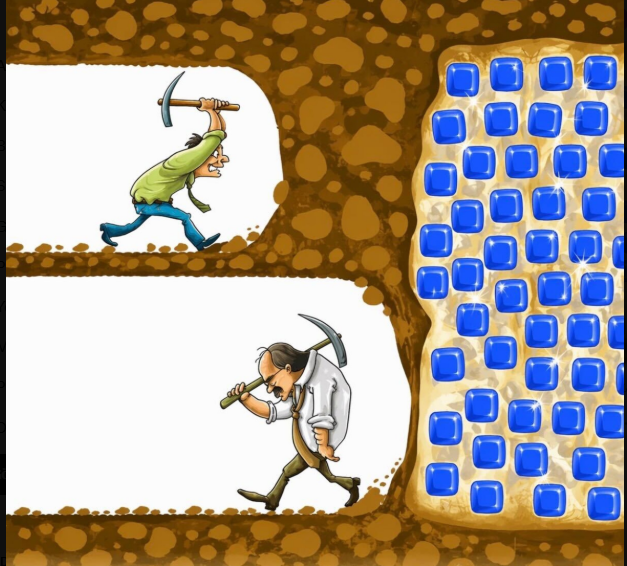A cartoon illustration showing two miners in an underground mine, one swinging a pickaxe on an upper level and another walking with a pickaxe on a lower level, next to a wall of blue gem blocks.