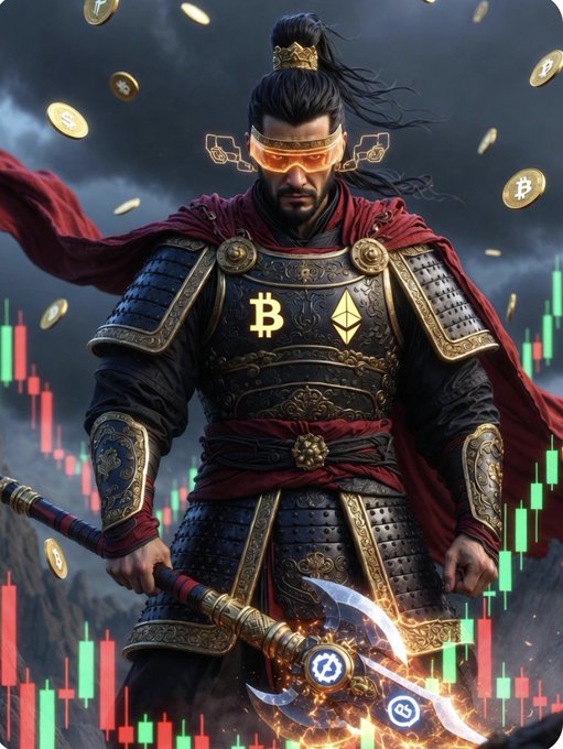 A fierce warrior styled after the legendary Chinese general Lü Bu stands in ornate armor emblazoned with Bitcoin (₿) and Ethereum (Ξ) logos, wielding a glowing weapon surrounded by falling gold coins and candlestick charts—symbolizing Arthur Hayes as the "Lu Bu of Crypto," the BitMEX founder whose invention of perpetual contracts reshaped the entire derivatives landscape.
