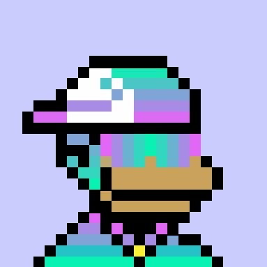 A pixel art image of a Bitcoin Monke wearing a cap, depicted in vibrant pastel colors of cyan, pink, and purple against a lavender background. The character represents a collectible NFT from the Solana Monke Business Set (SolanaMBS), shown as a stylized monkey avatar serving as the poster's leveraged bet on the Solana blockchain.