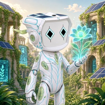 Digital illustration of a white humanoid robot with diamond-shaped eyes holding a glowing cyan flower, set against ancient ruins overgrown with greenery and solar panels.