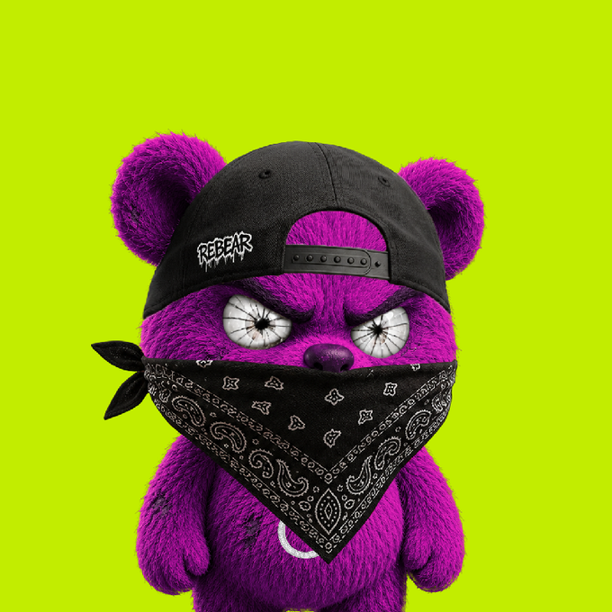 A 3D-rendered purple teddy bear with a menacing expression wears a black cap reading "REEEBAЯ" and a black bandana with paisley patterns, set against a neon green background—fitting the edgy, rebadged character NFT vibe of the post teasing an OpenSea launch at 0.001 ETH on August 24.