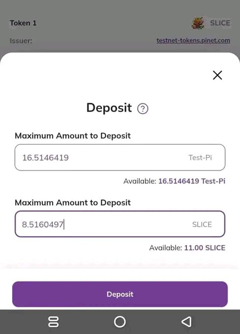 A mobile deposit interface showing a maximum deposit of 16.5146419 Test-PI tokens and 8.5160497 SLICE tokens, with a purple 'Deposit' button at the bottom.