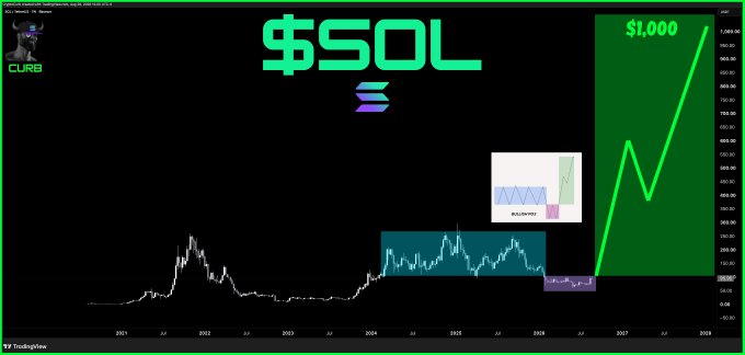A Solana price chart displays "$SOL" with the Solana logo, featuring a projected green line soaring toward a "$1,000" target by 2028, past labeled bullish and bearish patterns, illustrating the post's claim that SOL is poised to surge past $1,000.