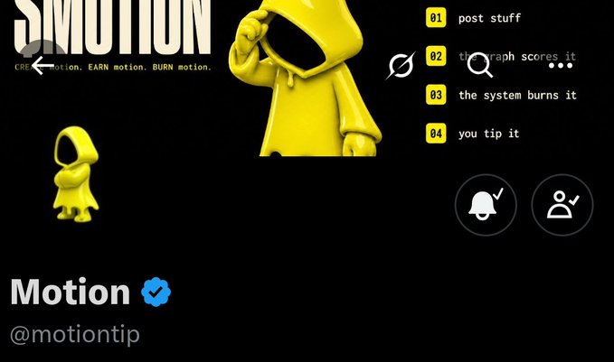 A graphic for "Motion" (@motiontip) featuring yellow hooded figures and a four-step process: "post stuff," "the graph scores it," "the system burns it," and "you tip it."