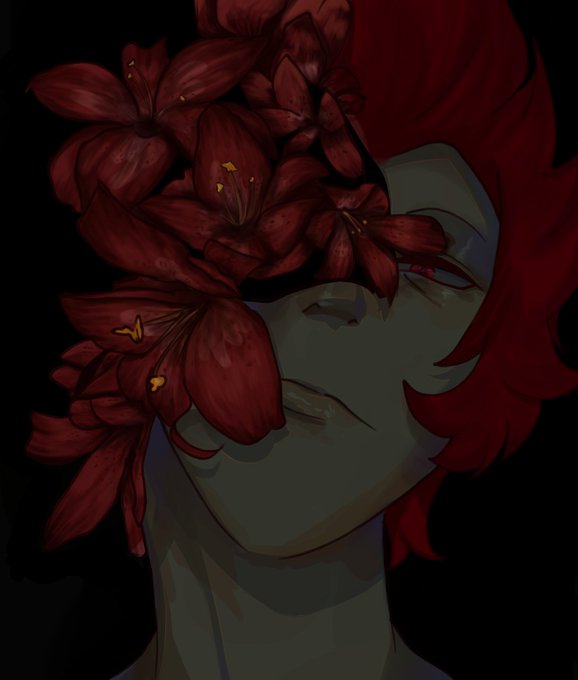 An anime-style illustration of a figure with red hair whose face is partially covered by large, dark red lily flowers.