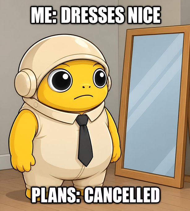 A meme featuring a cartoon turtle in a white outfit and black tie standing before a mirror, with text reading 'ME: DRESSES NICE' at the top and 'PLANS: CANCELLED' at the bottom.