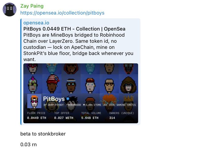 A social media post by Zay Paing sharing an OpenSea link for the 'PitBoys' NFT collection with a floor price of 0.0449 ETH, adding the comment 'beta to stonkbroker / 0.03 rn'.