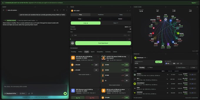 A screenshot of a crypto trading dashboard (BTC.INDX) showing various trending tokens, crypto markets with XRP, SOL, SUI, DOGE listed, and a bubble chart of meme coins.