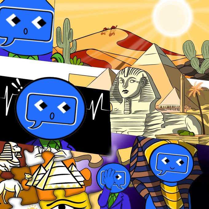 A collage featuring blue speech-bubble mascots with diamond-shaped eyes amid Egyptian-themed imagery including pyramids, the Sphinx, a camel, and a pharaoh.