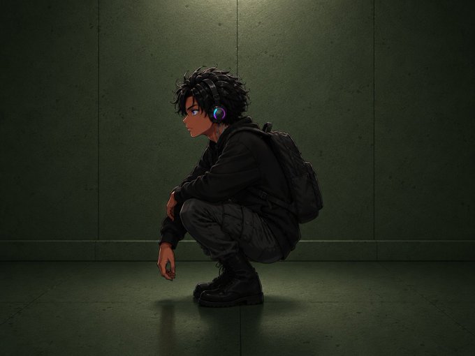 An anime-style illustration of a character with curly hair wearing headphones, crouching in a dimly lit green room.