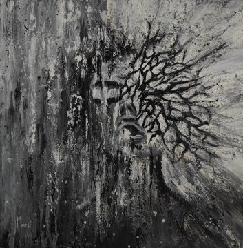 A monochromatic painting showing a face with tree branches or roots emerging from it, rendered in black, white, and gray tones with an ethereal, melancholic atmosphere.