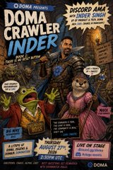 A man and a cartoon frog holding a "For Sale" sign advertise a "Doma Crawler Inder" Discord AMA with Inder Singh at 2:30PM EST, featuring new AI tools, valuation features, and ICANN TLD insights.