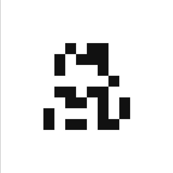 A minimalist black-and-white pixelated image displaying a fragmented, abstract geometric figure.